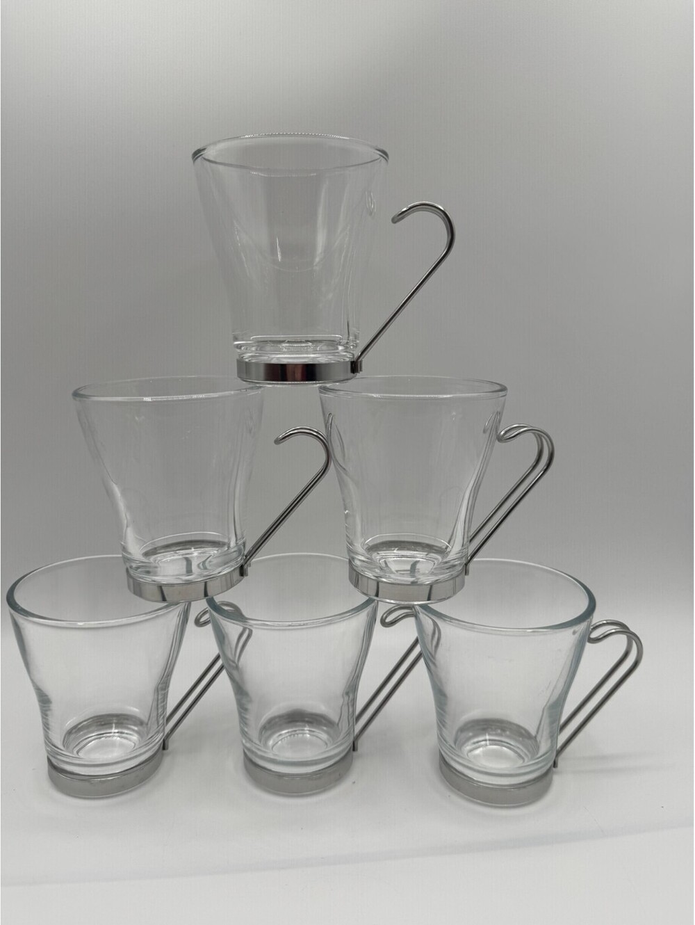 Vitrosax Italy Set of 6 Clear Glass Coffee Tea Cappuccino Cups Stainless Steel